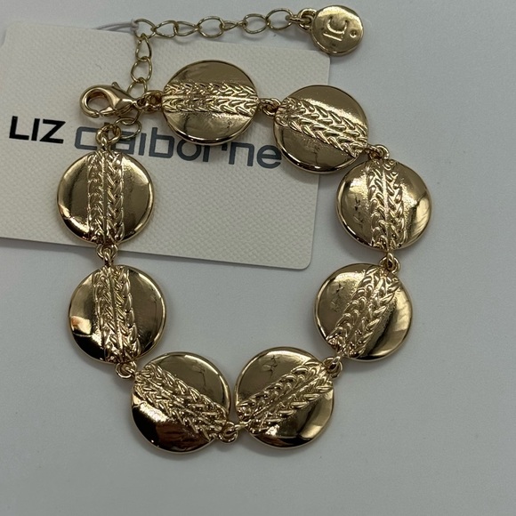 Liz Claiborne Gold Tone Disc Design linked Bracelet 7-9 inch - Picture 5 of 10